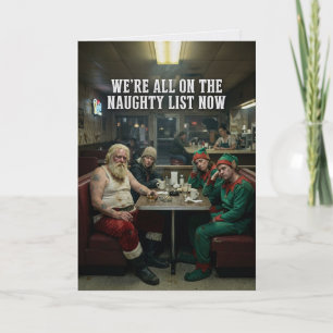 Tarjeta Cena de Navidad oscura con Santa y elfos desaliñad