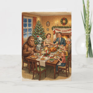 Tarjeta Cena Navideña Vintage de Bigfoot Alien