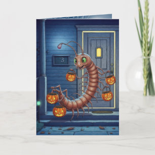 Tarjeta Centipede de Halloween pidiendo dulces