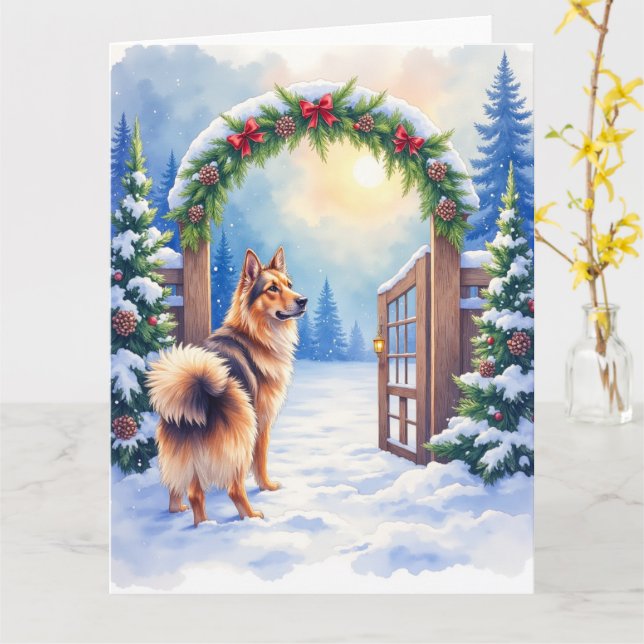 Tarjeta Central Asian Shepherd Snowy Gate Christmas Art (flor amarilla)