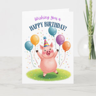 Tarjeta Cerdito de Cumpleaños Lindo con Globos Confeti