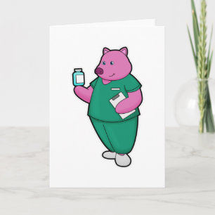 Tarjeta Cerdo como enfermera con medicina