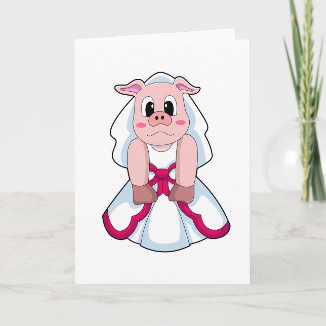 Tarjeta Cerdo como novia con vestido Boda (Anverso)