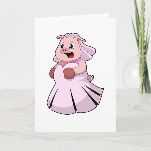 Tarjeta Cerdo como novia con vestido Boda. PNG (Anverso)