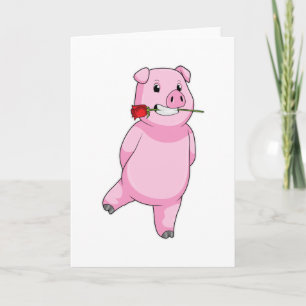 Tarjeta Cerdo con flor de rosa