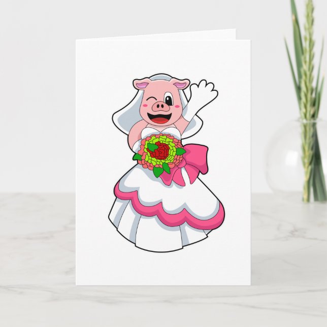 Tarjeta Cerdo con vestido Boda y manto de flores (Anverso)