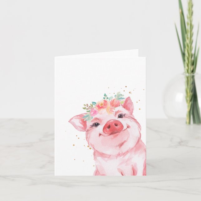 Tarjeta Cerdo de acuarela floral (Anverso)