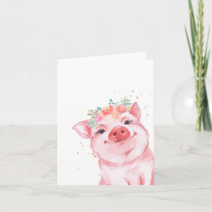 Tarjeta Cerdo de acuarela floral