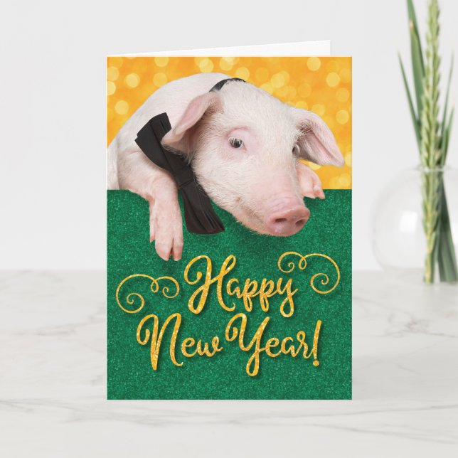 Tarjeta Cerdo de Año Nuevo Feliz con corbata y Purpurina (Anverso)
