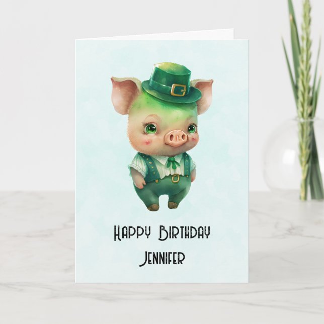 Tarjeta Cerdo de cuento de hadas verde lindo con atuendo b (Anverso)