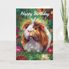 Tarjeta Cerdo de Guinea entre las flores de cumpleaños