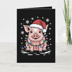 Tarjeta Cerdo de Navidad Sombrero de Santa Luces Copo de N