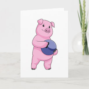 Tarjeta Cerdo en bolera con bola de bolos
