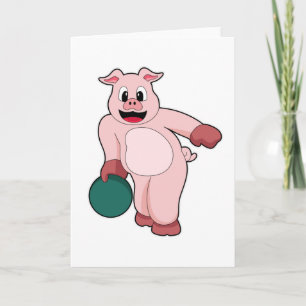 Tarjeta Cerdo en bolera con bola de bolos