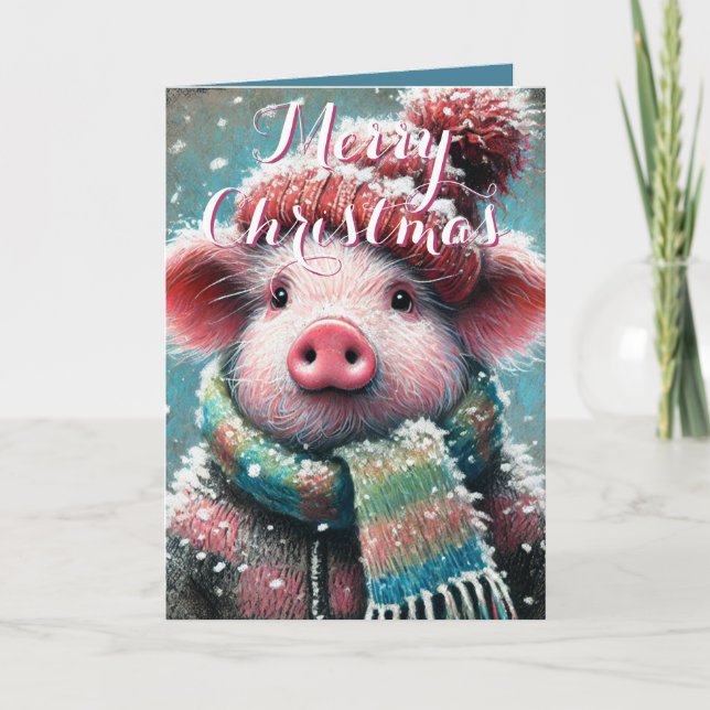 Tarjeta Cerdo en escarlata Snowflakes Navidades personaliz (Anverso)