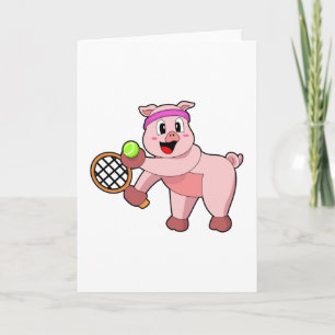 Tarjeta Cerdo en tenis con raqueta de tenis