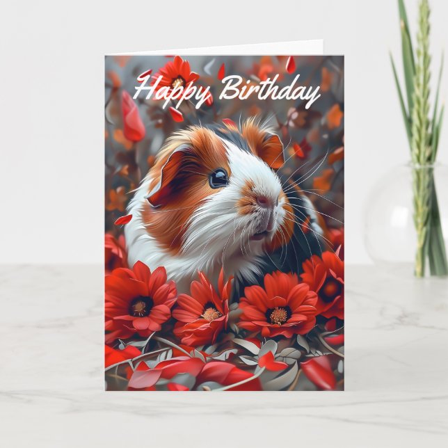 Tarjeta Cerdo guineano entre flores rojas Cumpleaños (Anverso)