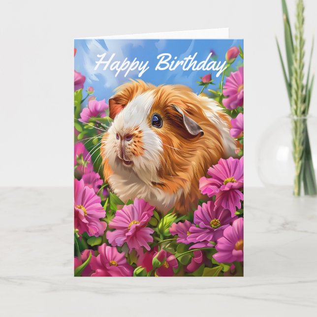 Tarjeta Cerdo guineano entre flores rosas cumpleaños (Anverso)