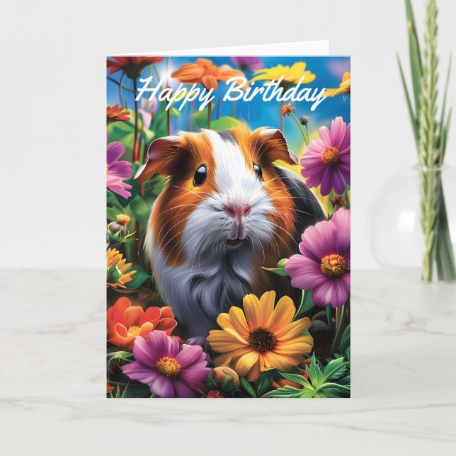 Tarjeta Cerdo guineano entre flores vibrantes Cumpleaños (Anverso)