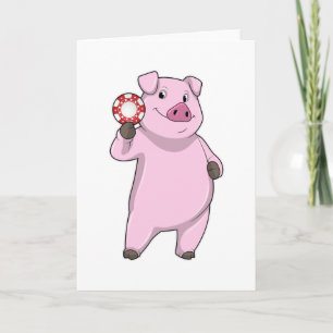 Tarjeta Cerdo jugando póquer con fichas de póquer