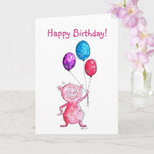 Tarjeta Cerdo rosa caprichoso con globos
