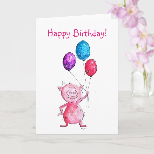 Tarjeta Cerdo Rosa Caprichoso con Globos (Orquídea)