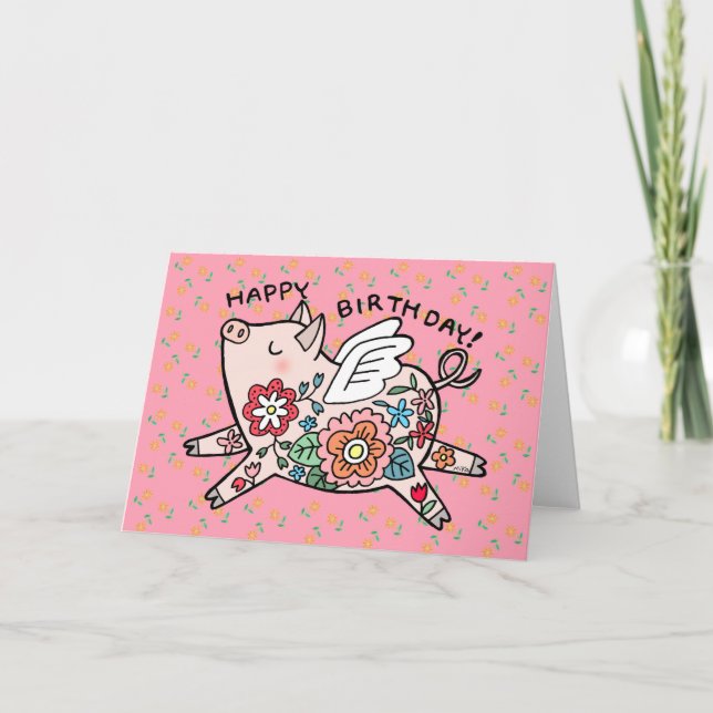 Tarjeta Cerdo volador Cute Feliz cumpleaños Angel Pig Flor (Anverso)