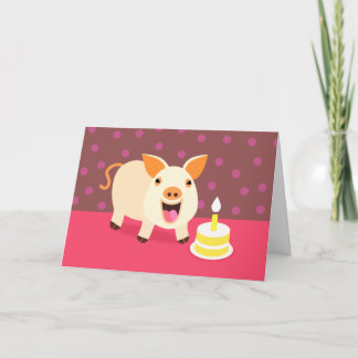 Tarjeta Cerdo y pastel de cumpleaños