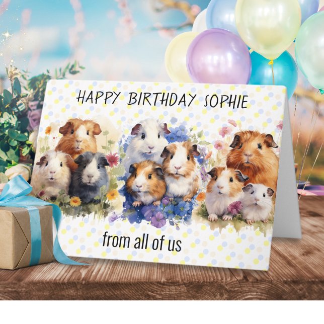 Tarjeta Cerdos de Guinea Cute Feliz cumpleaños de todos no (A custom birthday card, picturing guinea pigs in a watercolor style, with 'from all of us' words)