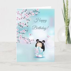 Tarjeta Cerezo en flor Kokeshi Doll cumpleaños Rosado