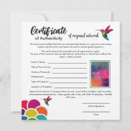 Tarjeta Certificado de autenticidad de las obras de arte o