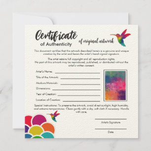 Tarjeta Certificado de autenticidad de las obras de arte o
