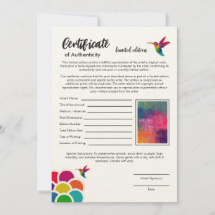 Tarjeta Certificado de autenticidad edición limitada Impri