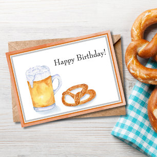 Tarjeta Cerveza acuarela y pretzel Feliz cumpleaños 