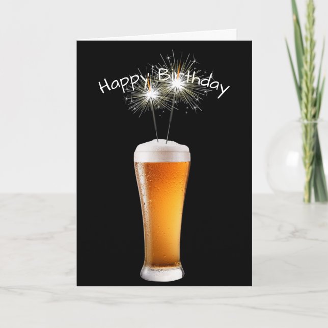 Tarjeta Cerveza de cumpleaños feliz con esparklers (Anverso)