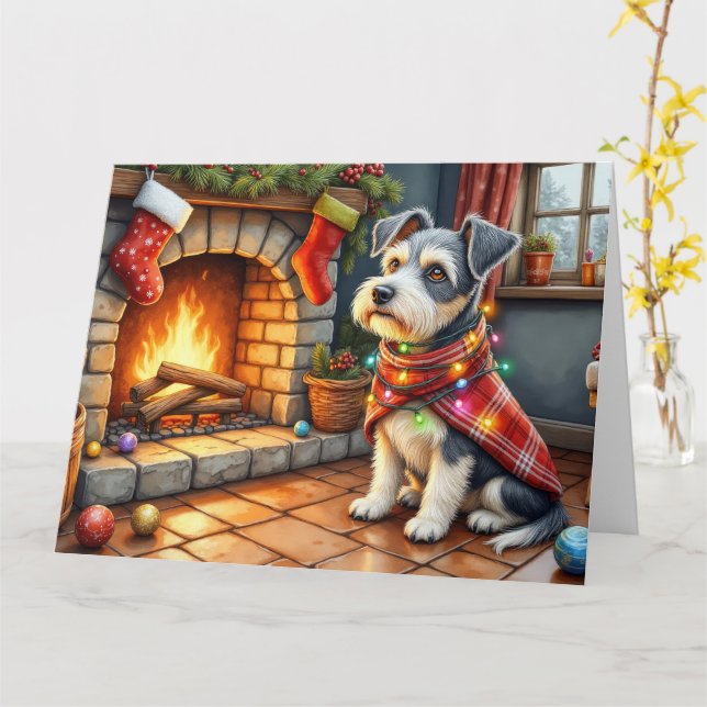 Tarjeta Cesky Terrier Fireplace with Christmas Lights (flor amarilla)