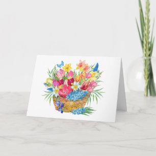 Tarjeta Cesta acuarela con flores de primavera