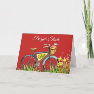 Tarjeta Cesta Azul De Bicicletas De Flores Y Rojo De Pájar