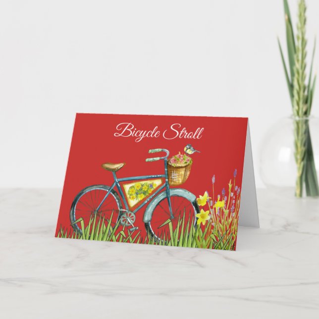 Tarjeta Cesta Azul De Bicicletas De Flores Y Rojo De Pájar (Anverso)