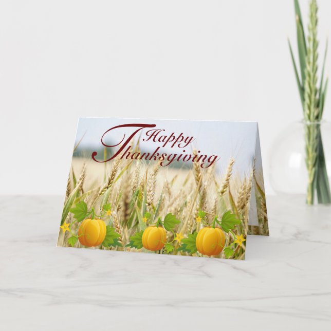 Tarjeta Cesta de calabazas y campo de cosecha Día de Acció (Anverso)