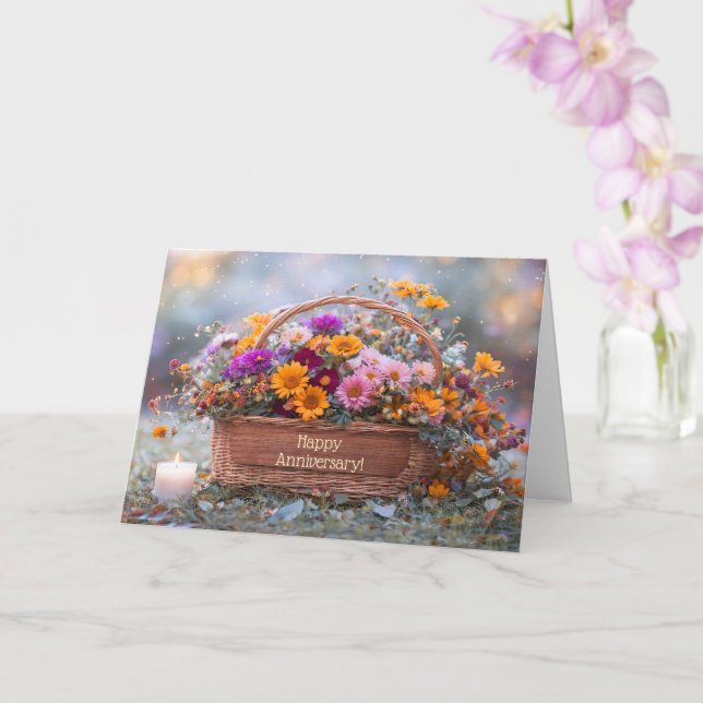 Tarjeta Cesta de flores de aniversario con vela  (Orquídea)