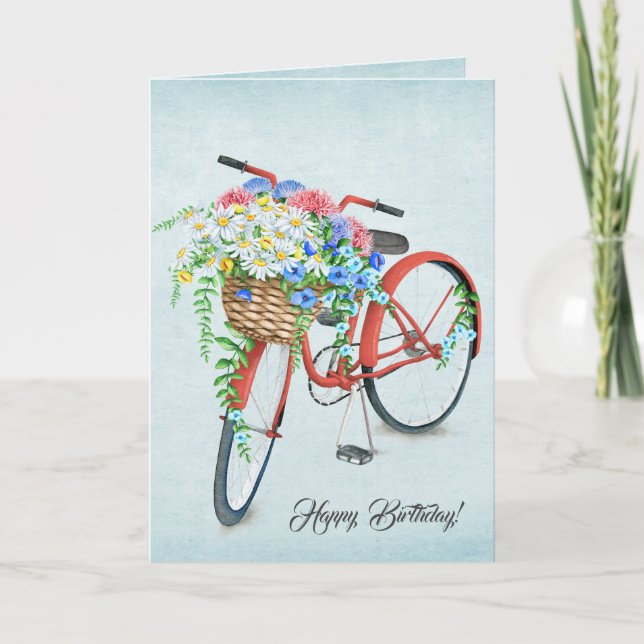 Tarjeta Cesta de flores de bicicleta de cumpleaños roja (Anverso)