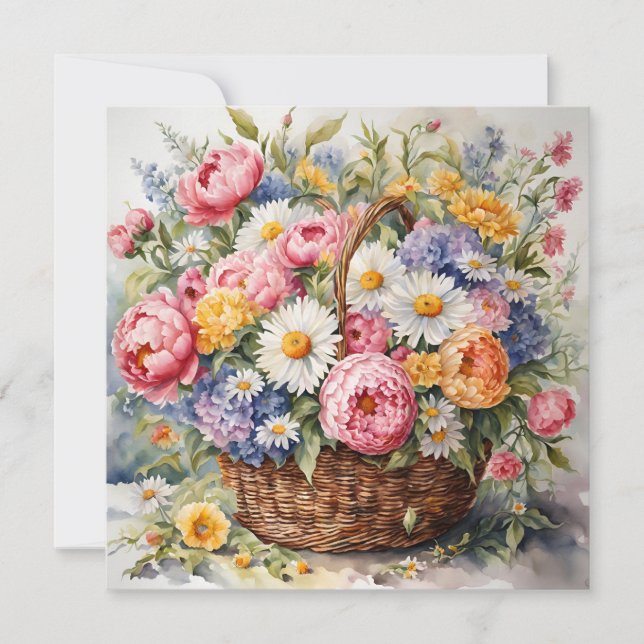 Tarjeta Cesta de mimbre con flores de verano en acuarela (Anverso)