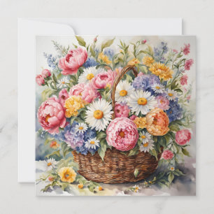 Tarjeta Cesta de mimbre con flores de verano en acuarela