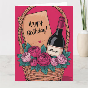 Tarjeta Cesta de regalo con vino, rosas y nombre personali