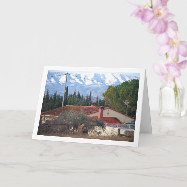 Tarjeta Chalet y montañas nevadas de España (Orquídea)