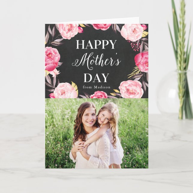 Tarjeta Chalkboard Floral | Foto del Día de la Madre (Anverso)