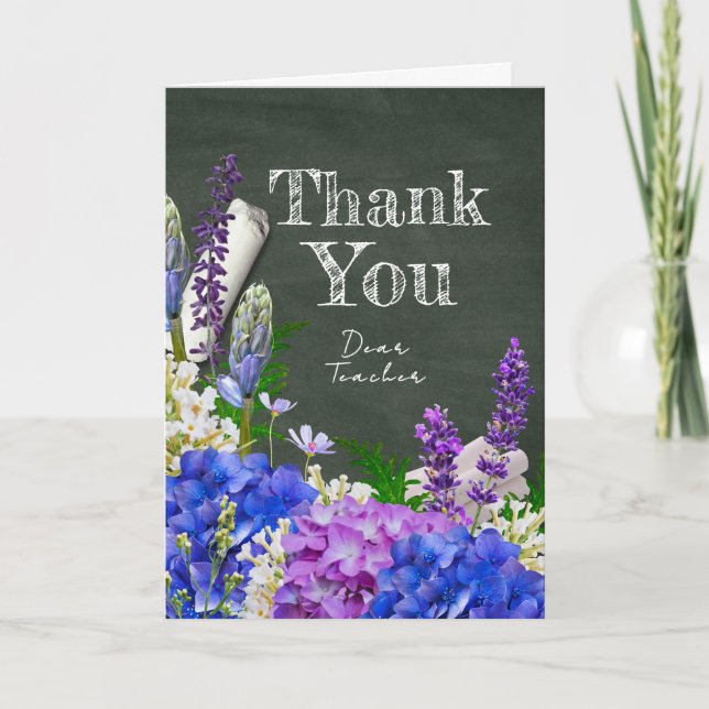 Tarjeta Chalkboard Floral Teacher Photo Thank You Card (Anverso)