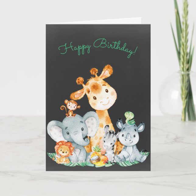 Tarjeta Chalkboard Watercolor Cute Jungle Animales Cumplea (Anverso)