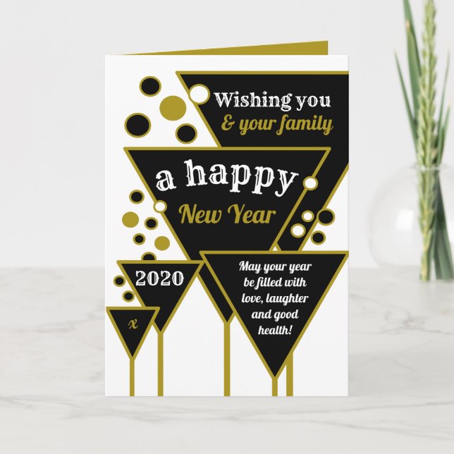 Tarjeta Champagne de oro, saludo de Año Nuevo (Anverso)